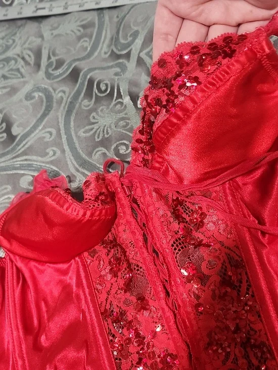 Shirley Of Hollywood Red Satin Corset With Lace And Sequin Accents Size 32 - Picture 7 of 7